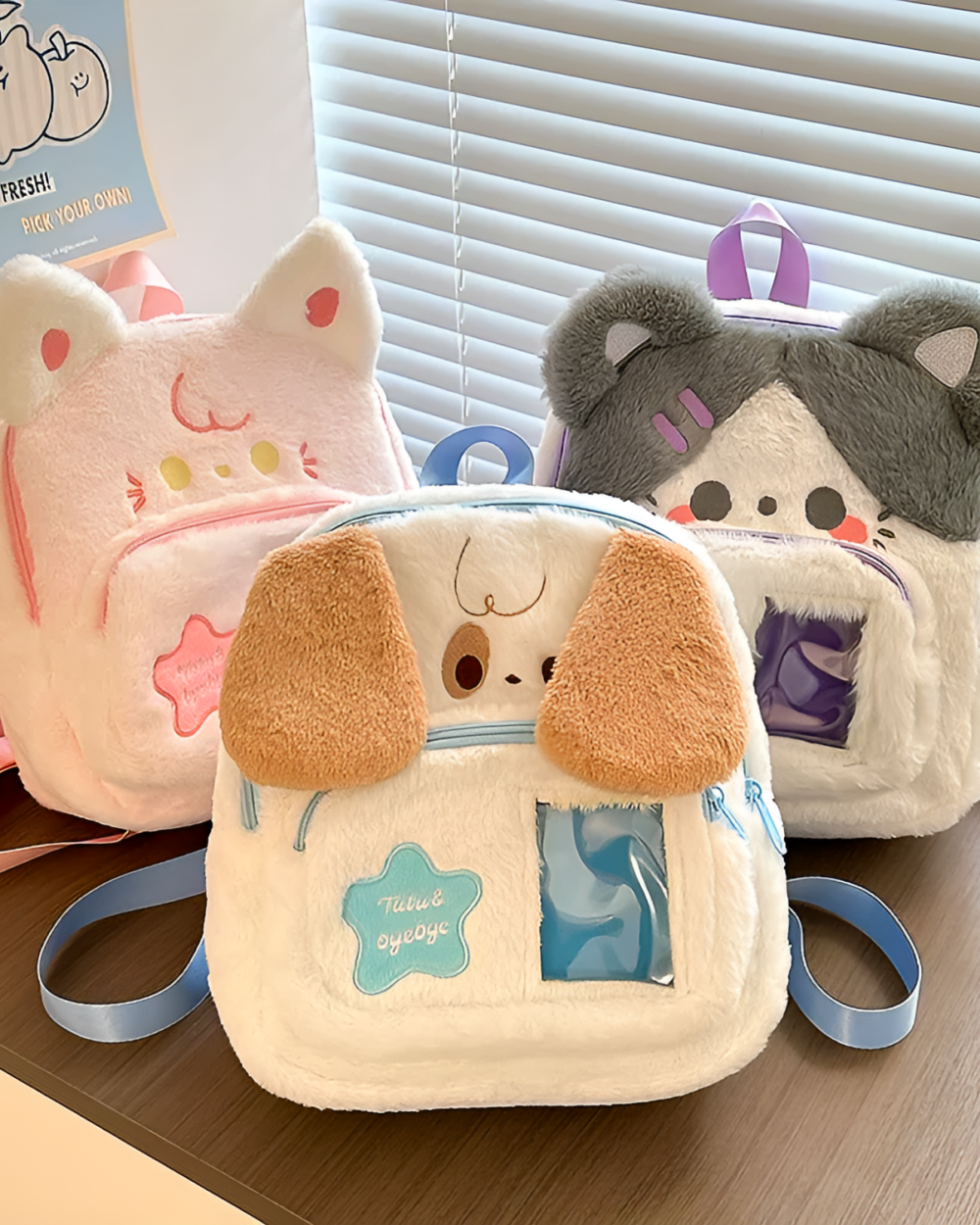 Chibi Plush Backpacks in pink, gray & blue with cute animal faces. Jojifuku aesthetic bags for kids.