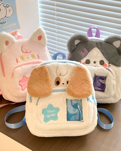 Chibi Plush Backpacks in pink, gray & blue with cute animal faces. Jojifuku aesthetic bags for kids.