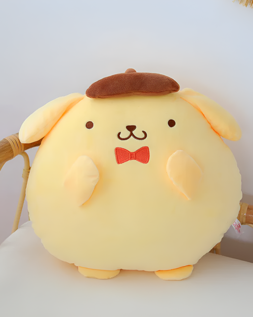 Close-up of a Chonky Purin Plushie with a brown beret and red bow tie. The plushie is yellow and features a simple, cute face.