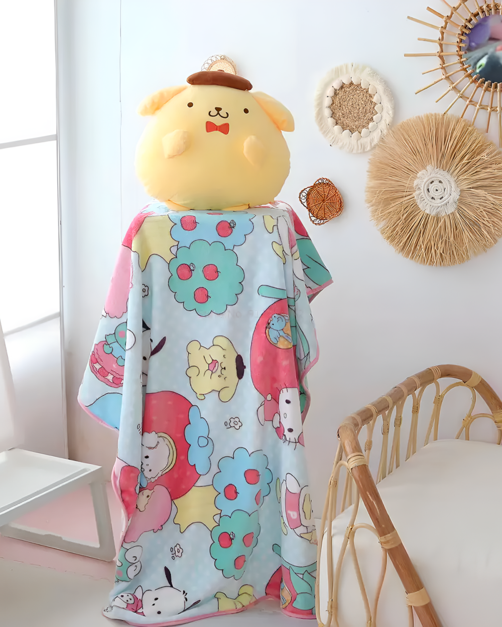Chonky Purin Plushie with a patterned blanket, featuring a cute Sanrio character design.