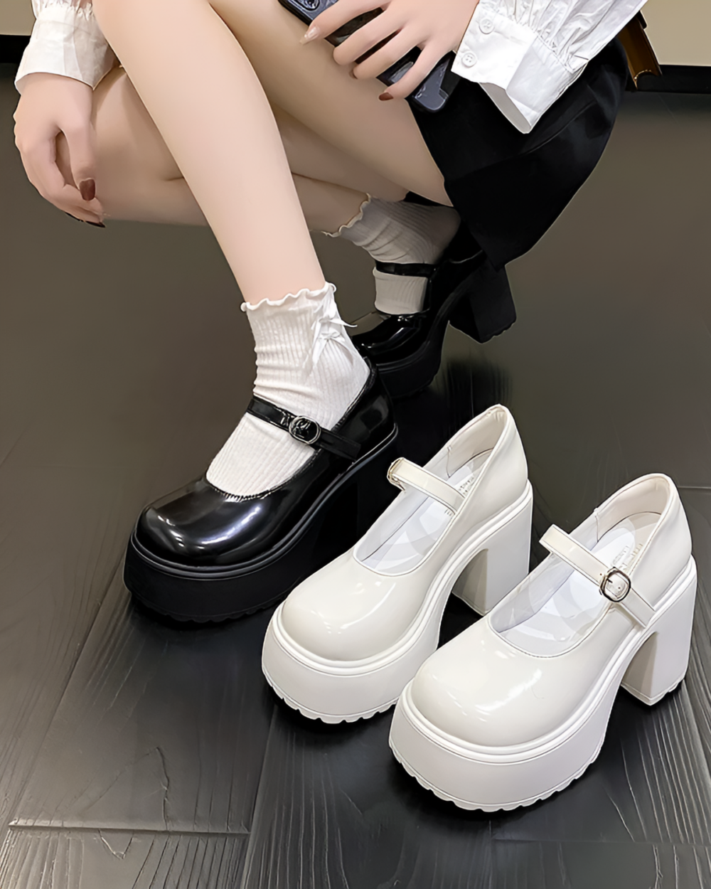 Black and white Chunky Mary Janes with platform heels. PU leather ankle buckle shoes, autumn 2023 fashion.