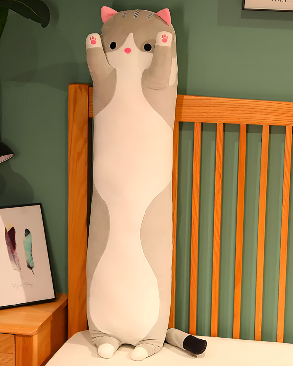 Gray Cloud Kitty Long Snuggle Pillow, a soft and huggable long cat plush. Perfect for cuddling and decoration.