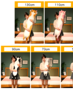 Woman hugging a long cat plush pillow in different sizes (70cm, 90cm, 110cm, 130cm).