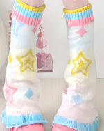 Colorful Leg-Warmers - Jojifuku Aesthetic featuring a whimsical cloud and star print design.