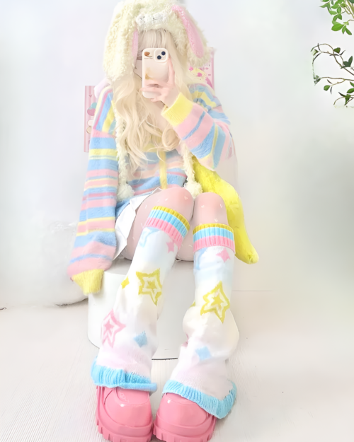 Colorful Leg-Warmers - Jojifuku Aesthetic worn by a person, featuring a pastel design.