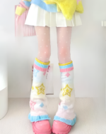 Colorful Leg-Warmers showcasing a rainbow design with stars, worn with boots.
