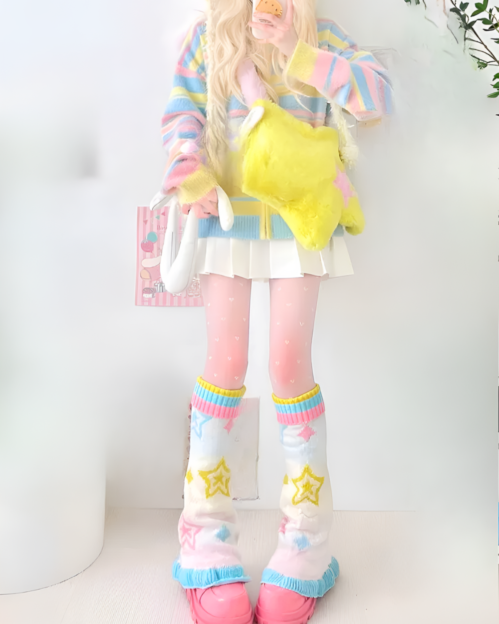 Colorful Leg-Warmers - Jojifuku Aesthetic worn by a model, featuring a pastel design.