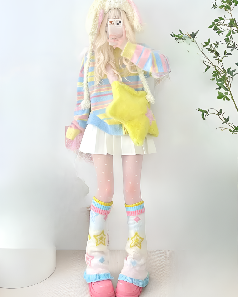 Colorful Leg-Warmers - Jojifuku Aesthetic, showing pink and blue leg warmers with star accents.