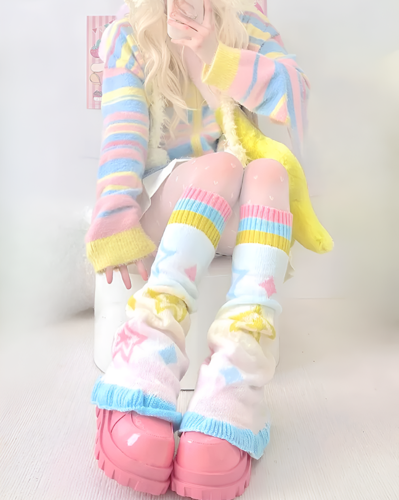 Colorful Leg-Warmers in pastel colors, featuring a striped design and fluffy trim. Jojifuku Aesthetic.