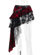 Crimson & black pleated goth punk skirt with plaid and lace details, styled on a mannequin.