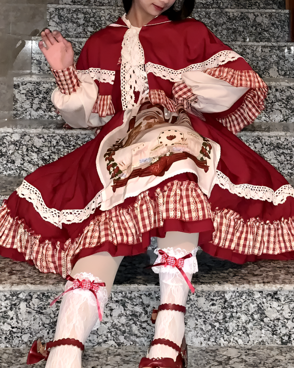 Model wearing the Crimson Hood Berry Bear OP set featuring a red dress with white lace and a bear design, part of the Berry Bear OP collection.