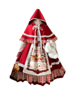 Crimson Hood Berry Bear OP set with a red hooded cape and a printed dress featuring berry and bear illustrations.