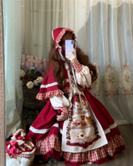 Woman modeling the Crimson Hood Berry Bear OP set, a red Lolita dress with a hood and bear print details. Featuring the Berry Bear OP.