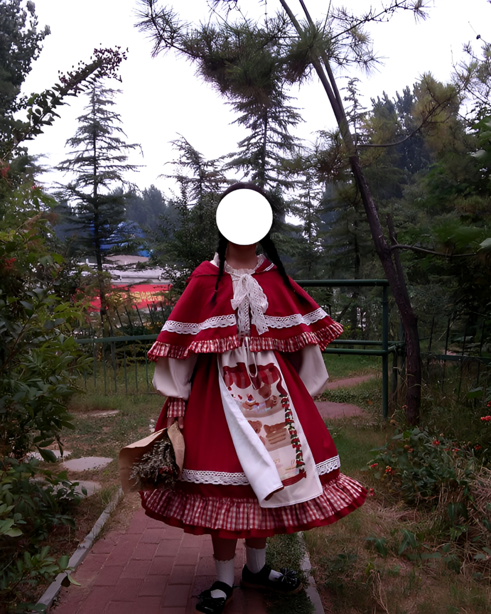 Person wearing a Crimson Hood Berry Bear OP set in a forest. The dress features a red hooded cape and a printed skirt with bear motifs, showcasing the Berry Bear OP design.
