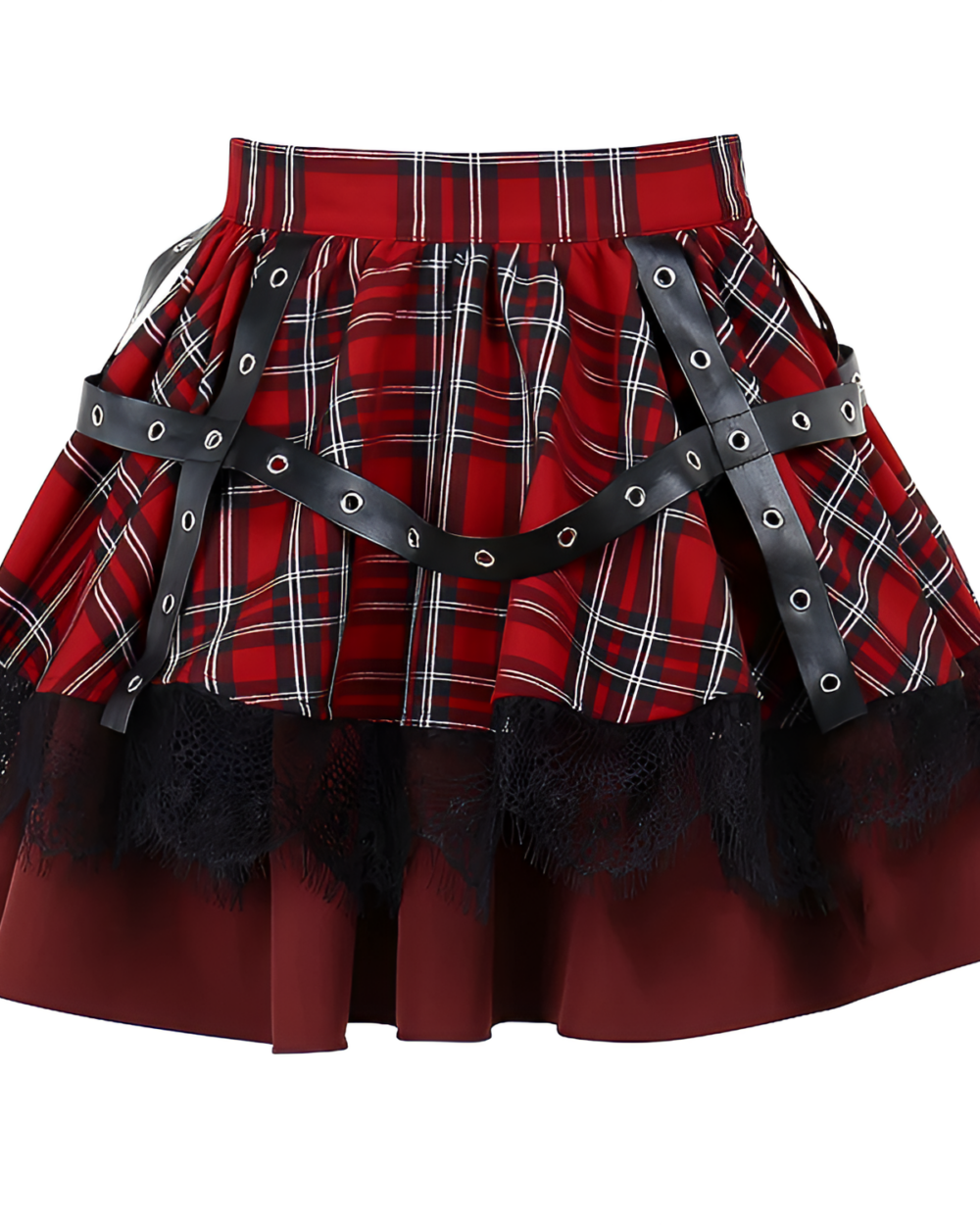 Red plaid mini skirt with black lace and straps, a stylish goth punk skirt. Features a fitted waist and pleated design.