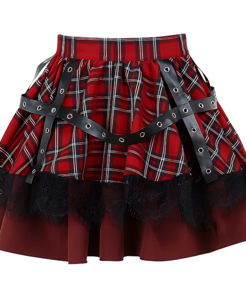 Red plaid mini skirt with black lace and straps, a stylish goth punk skirt. Features a fitted waist and pleated design.