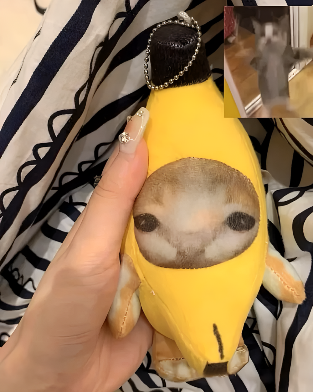 Crying Banana Cat Bag Charm close-up, plush toy with cat face.