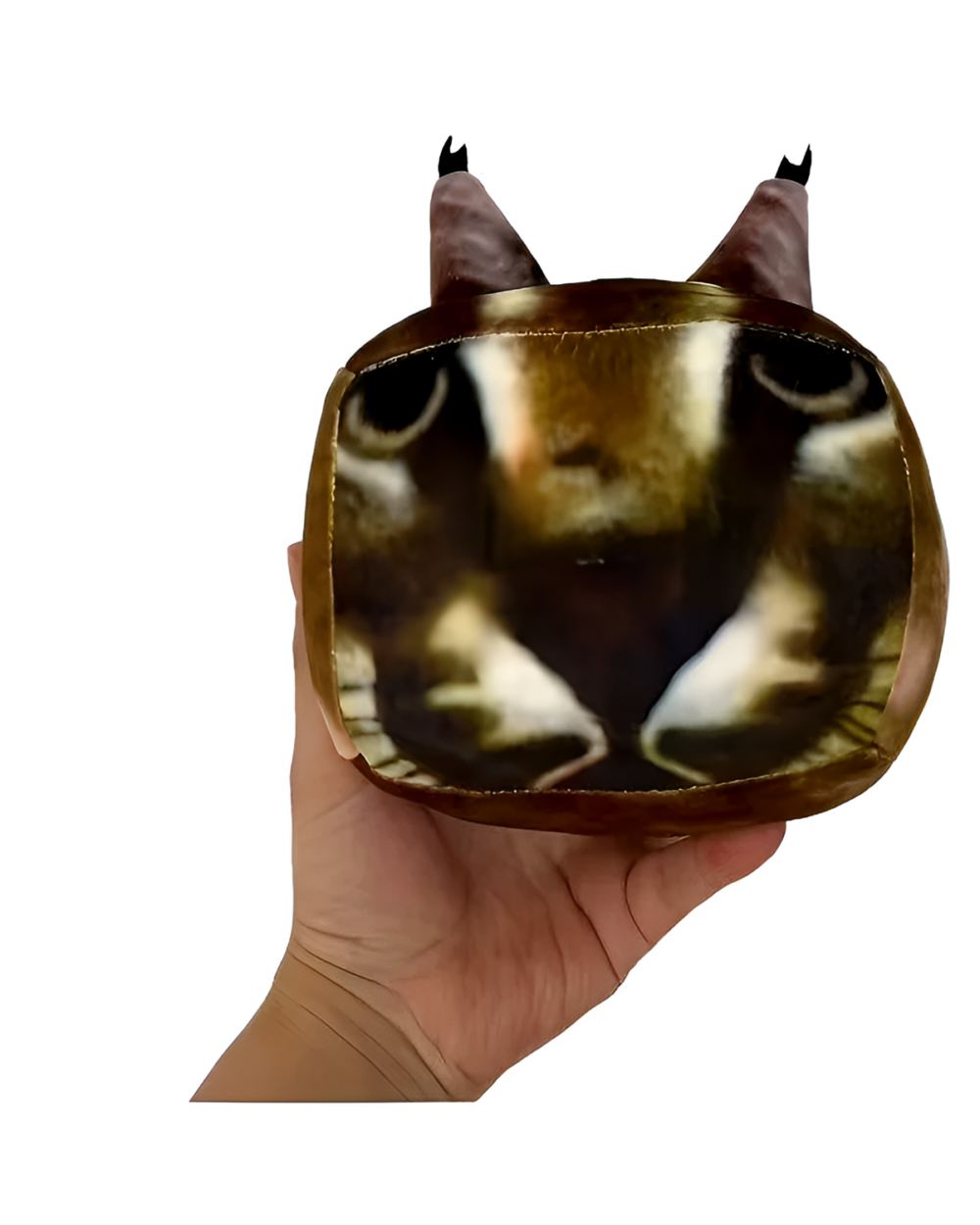 A hand holding a Cube Floppa plushie featuring a cat's face.