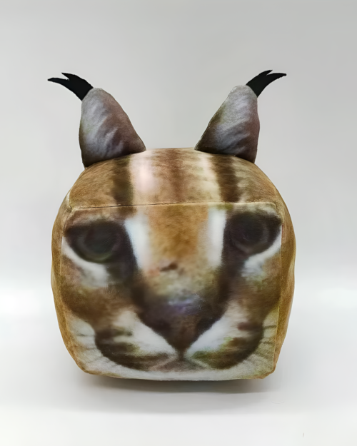 Front view of a Cube Floppa plushie, a square-shaped plush toy with a realistic cat face print.