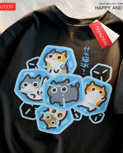 Black Cutecore Ice Cube Cat Tee featuring playful cat graphics. This cutecore cat shirt is a trendy and casual apparel option.