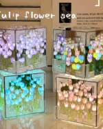 A collection of DIY tulip lamp cube lamps emitting colorful light, showcasing a 3D floral design.