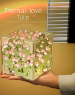 DIY tulip lamp: A clear cube night light featuring numerous pink 3D tulip flowers.