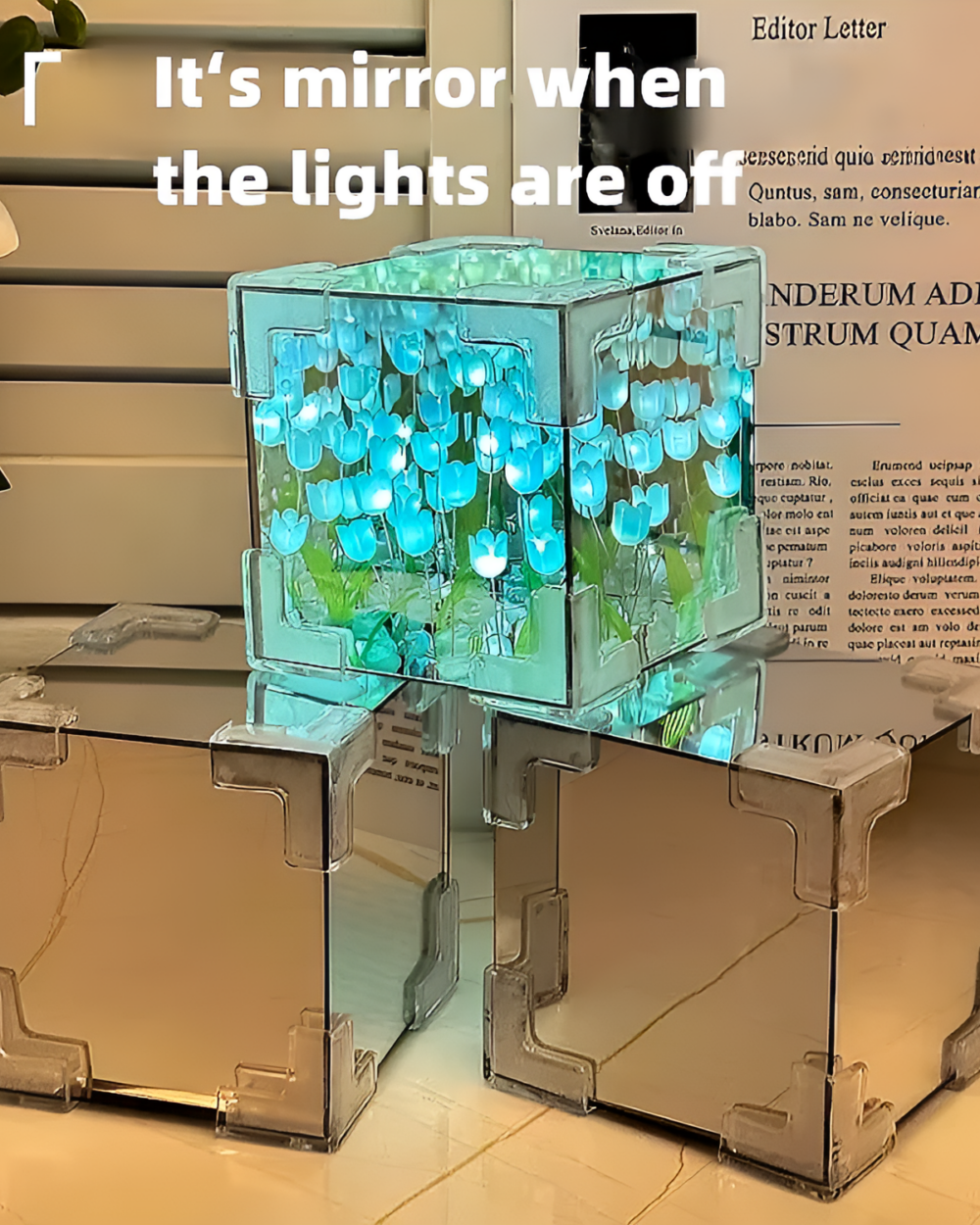 Close-up view of a DIY tulip lamp, showcasing its intricate 3D design and illuminated facets.