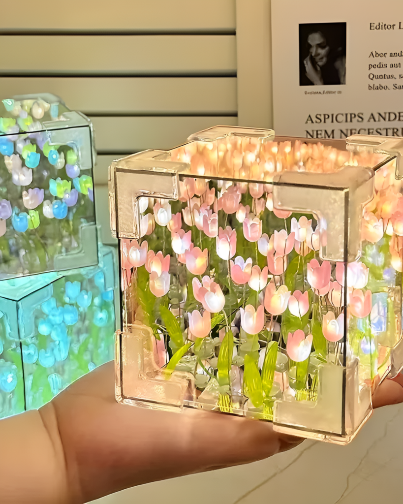 DIY tulip lamp featuring illuminated flowers inside a clear acrylic cube.