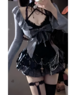 Dark Girly Kei Set - Special Edition: Black ruffled top & skirt with lace details, choker, and stockings.