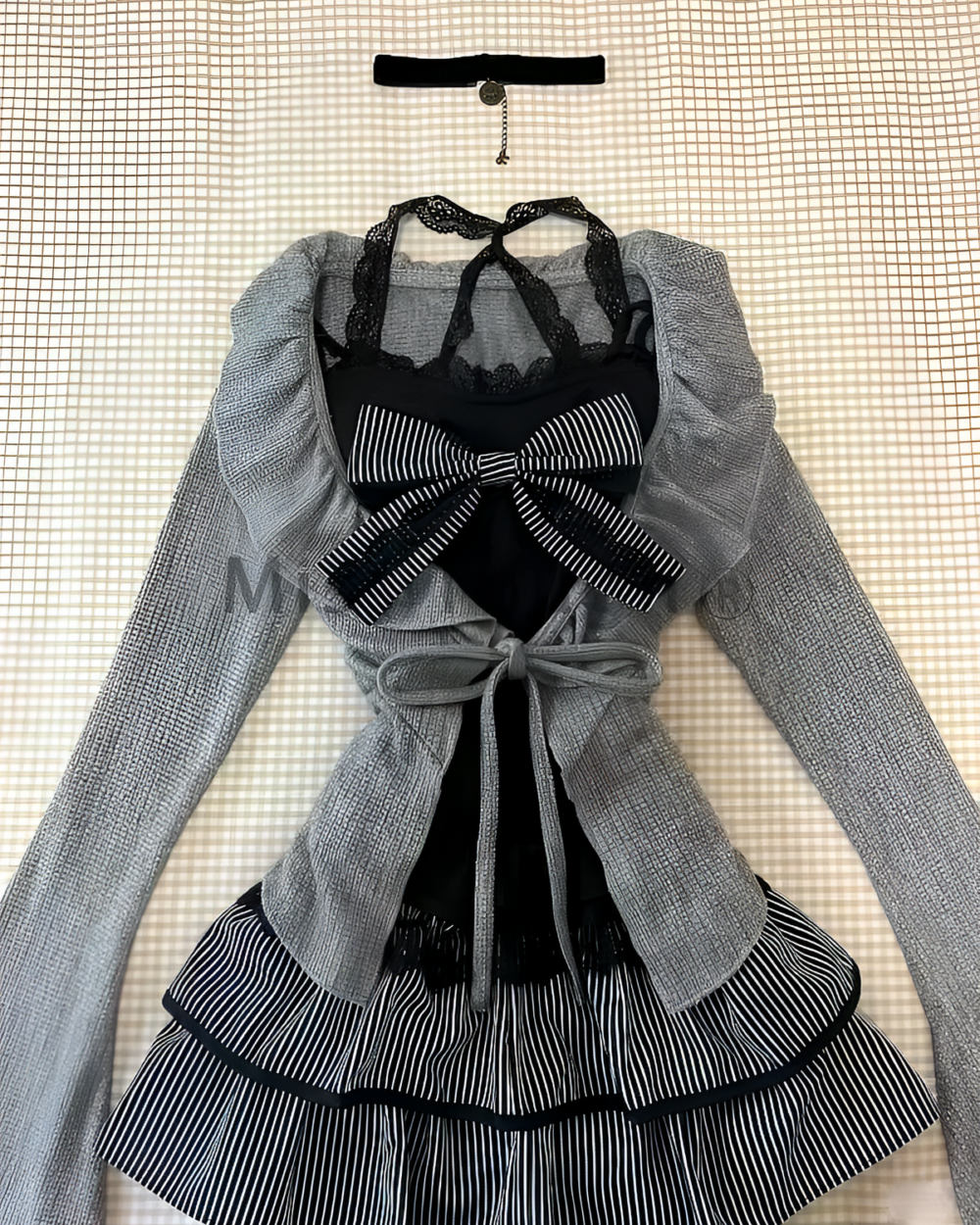 Dark Girly Kei Set - Special Edition: Black and white striped blouse with lace trim and choker necklace.