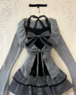 Dark Girly Kei Set - Special Edition: Black and white striped blouse with lace trim and choker necklace.