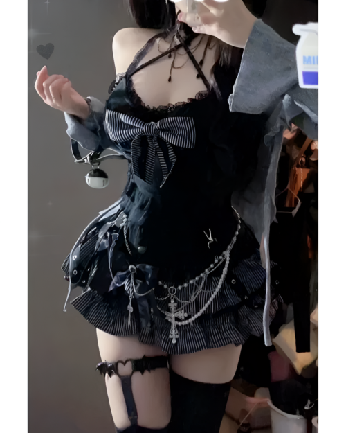 Dark Girly Kei Set - Special Edition, featuring a corset top and layered skirt with accessories.