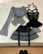 Dark Girly Kei Set - Special Edition featuring a grey sweater, black top, and striped skirt with buckles.