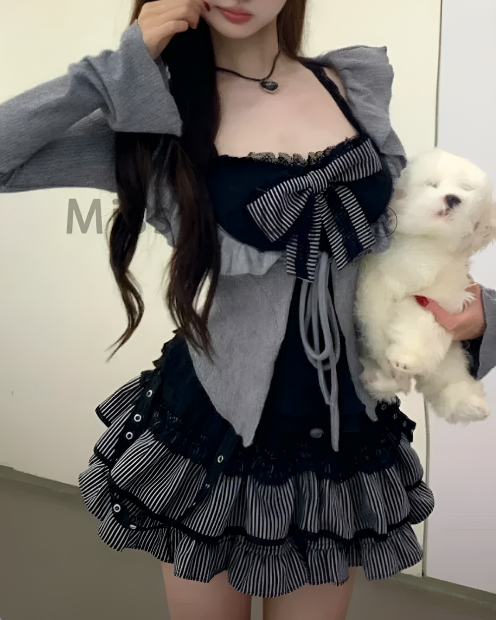 Dark Girly Kei Set - Special Edition featuring a gray hooded corset dress with striped skirt and accessories.