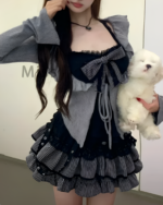 Dark Girly Kei Set - Special Edition featuring a gray hooded corset dress with striped skirt and accessories.