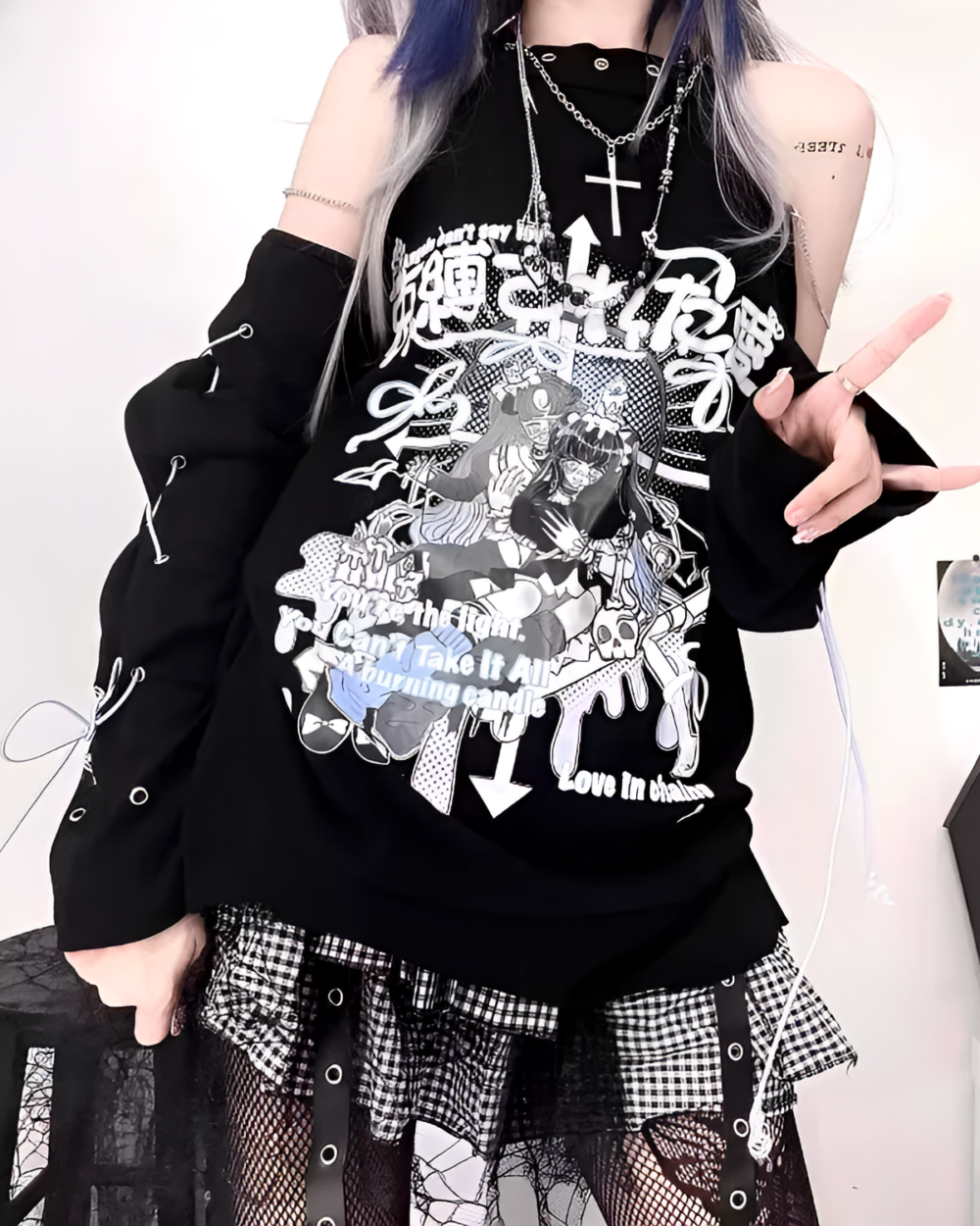 Model wearing a black Dark Kanji Phantom cold shoulder tee, a stylish dark anime tee with Japanese characters and graphic design.