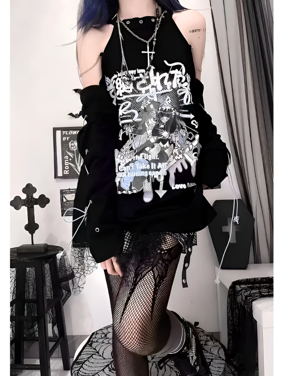 Model wearing a black Dark Kanji Phantom Cold Shoulder Tee, a stylish dark anime tee with Japanese characters and graphic print.