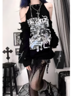 Model wearing a black Dark Kanji Phantom Cold Shoulder Tee, a stylish dark anime tee with Japanese characters and graphic print.