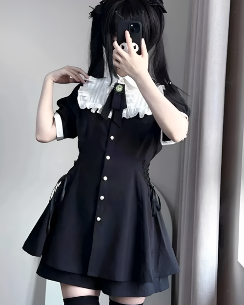 Dark Mini Dress - Girly Kei Aesthetic, featuring a black dress with lace details and a bow.