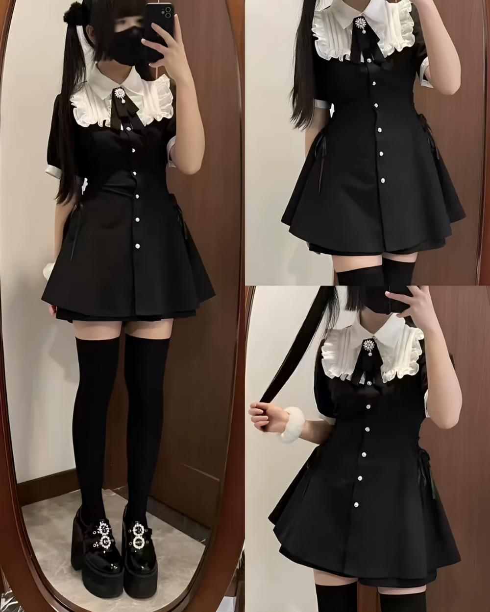 Dark Mini Dress - Girly Kei Aesthetic, black dress with lace collar, thigh-high socks, and platform boots.