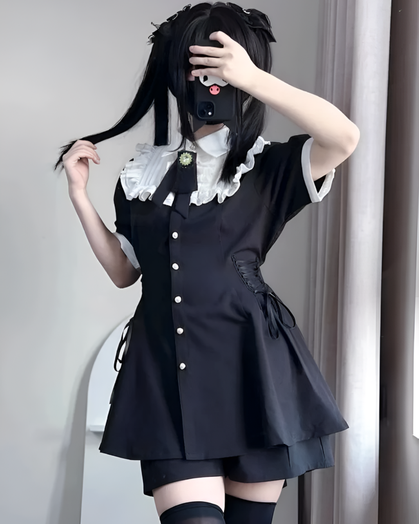 Black Girly Kei Mini Dress with lace trim, buttons, and thigh-high socks.