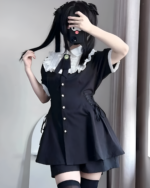 Dark Mini Dress - Girly Kei Aesthetic, black dress with lace trim and bow detail.
