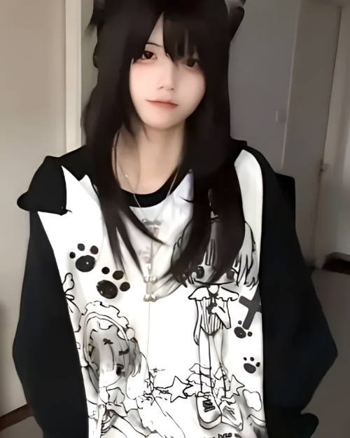 Person wearing a Dark Puppy Girl Hoodie featuring a print of cartoon dogs and paw prints.