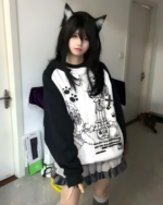 Model wearing a Dark Puppy Girl Hoodie featuring a Yami Kawaii aesthetic print.