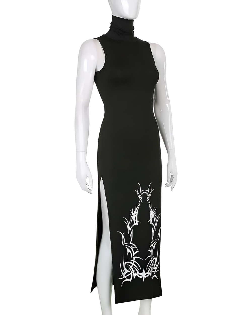 Black Dark Turtleneck Goth Dress, a sleeveless maxi dress with a high neck and a side slit featuring tribal embroidery.