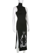 Black Dark Turtleneck Goth Dress, a sleeveless maxi dress with a high neck and a side slit featuring tribal embroidery.