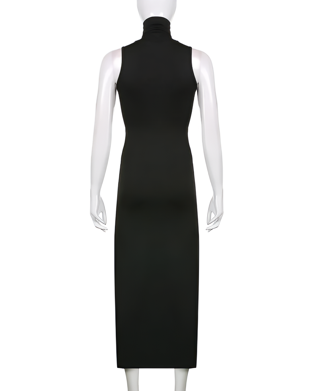 Black maxi dress, the Dark Turtleneck Goth Dress, on a mannequin.