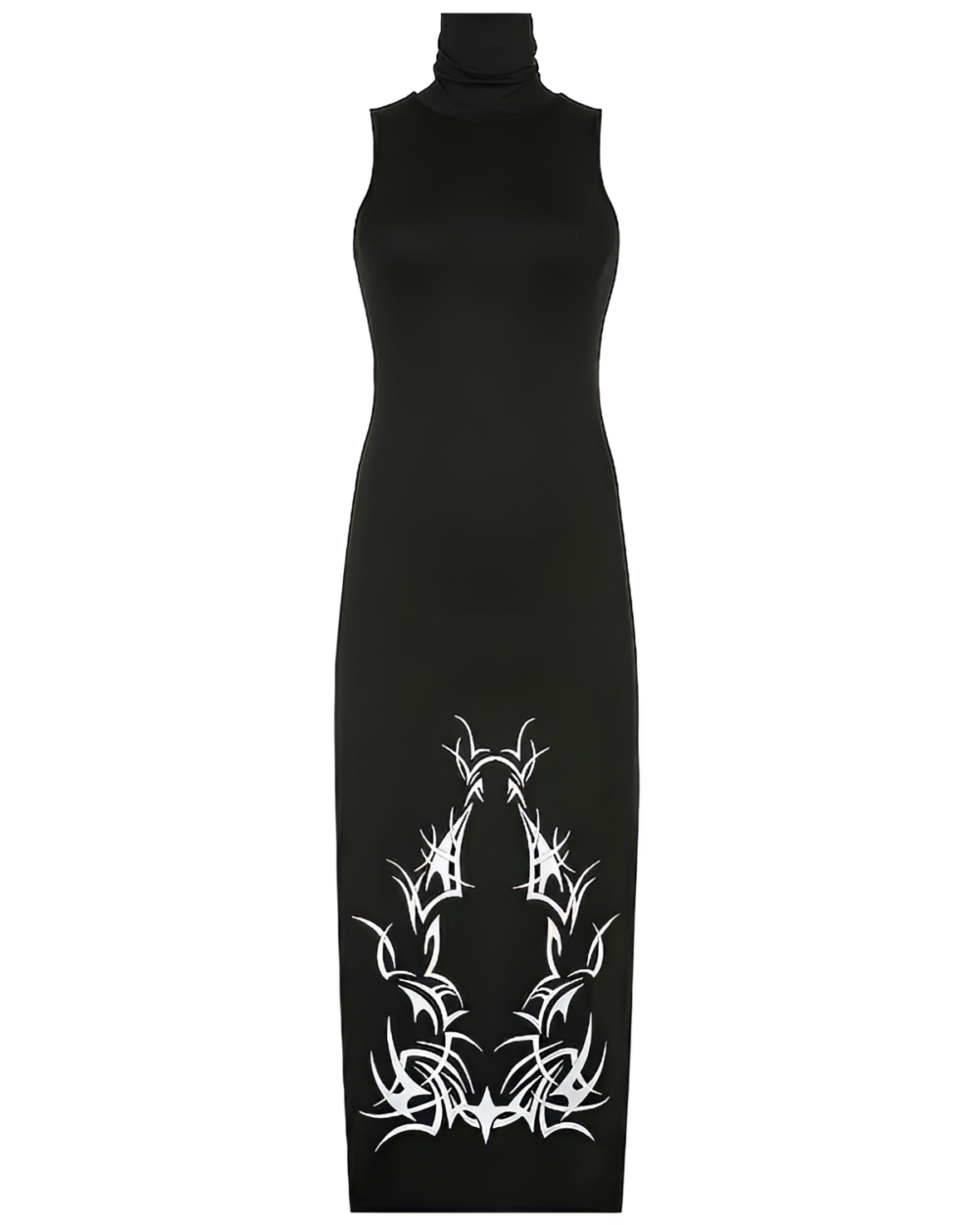 Black Dark Turtleneck Goth Dress with white tribal print design.