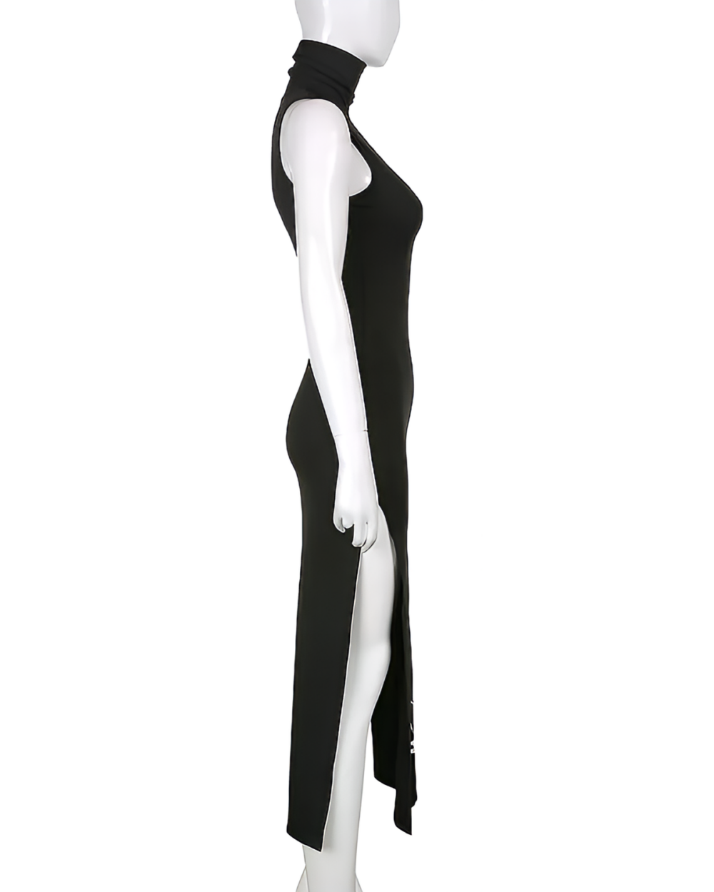 Black Dark Turtleneck Goth Dress, a long-sleeved midi dress with a high neck and a side slit.