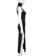 Black Dark Turtleneck Goth Dress, a long-sleeved midi dress with a high neck and a side slit.